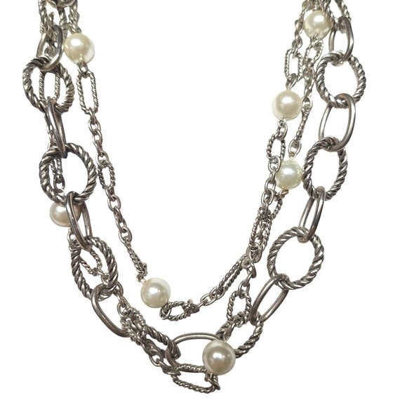 Vtg Multi-Strand Silver Chain & Pearl Statement Necklace Layered Elegant Jewelry - Picture 1 of 4